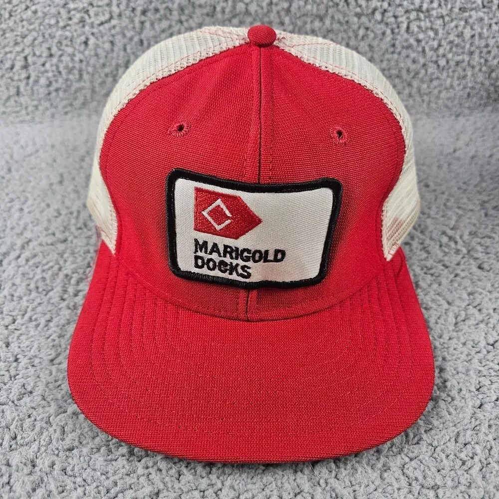 Vintage Marigold Docks Trucker Hat Red White Snapback Cap Mesh Patch USA Made